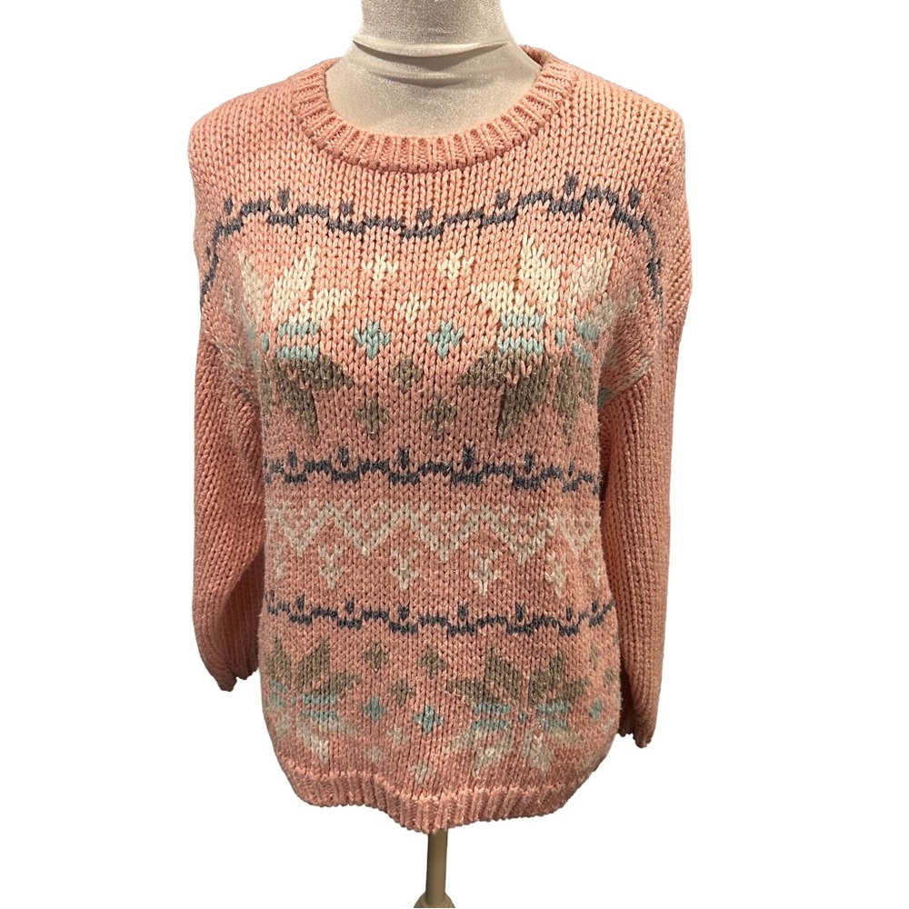 Vintage Hand Knitted Cozy‎ Pink Snowflake Women's Crewneck Sweater